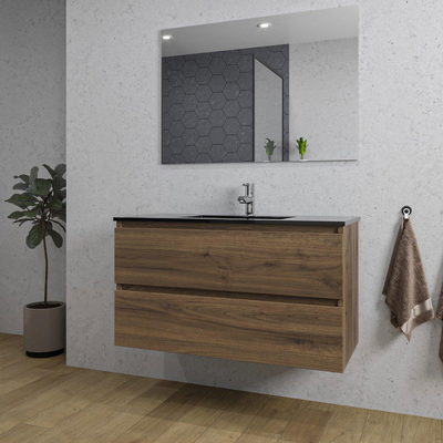 Adema Chaci Badkamermeubelset - 100x46x57cm - 1 keramische wasbak zwart - 1 kraangat - 2 lades - rechthoekige spiegel - noten (hout)