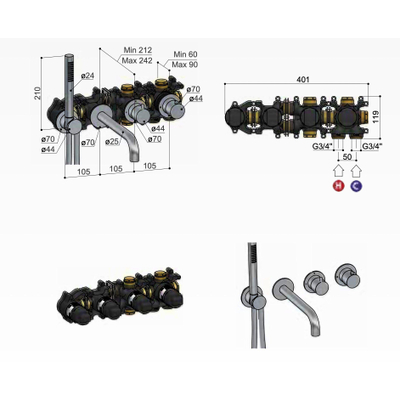 Hotbath inbouwdeel - voor inbouwthermostaat met 2-weg stop omstel met uitloop en handdouchehouder