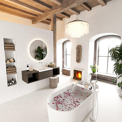 MONDIAZ BUKLA 140cm badmeubel met open module 40 L+R kleur Dark Brown met 2 lades. Wastafel CLOUD midden 0 kraangaten kleur Talc.