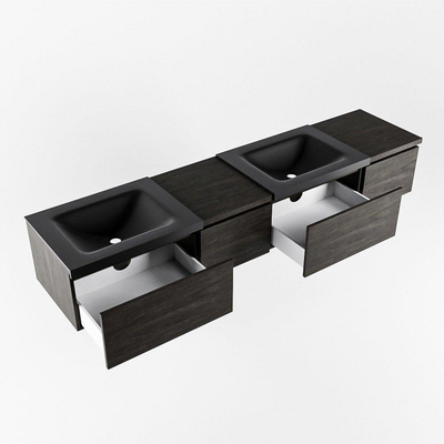 MONDIAZ BUKLA 200cm badmeubel met module 40 links kleur Dark Brown met 4 lades. Wastafel CLOUD dubbel 0 kraangaten kleur Urban.