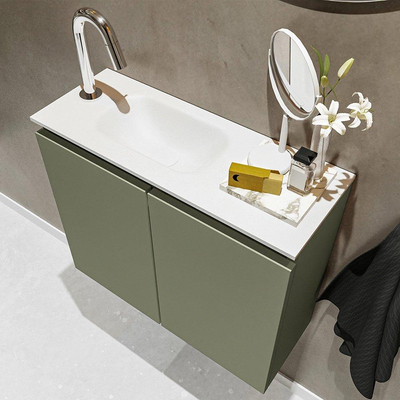 MONDIAZ TURE Fonteinset - 60x23x50cm - 1 kraangat - 2 deuren - army mat - Wasbak links - Solid Surface Wit