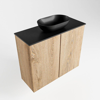 Mondiaz Fowy Toiletmeubel - 60x50x23cm - washed oak mat - 0 kraangaten - wasbak midden - 2 deuren - solid surface - blad Melamine - wasbak: zwart