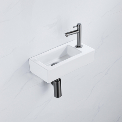 QeramiQ Fuente Fonteinset - 37.5x18.5x9cm - keramiek - kraangat rechts - fonteinkraan gunmetal - afvoerplug - verlaagd sifon - Glans wit