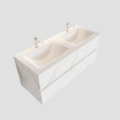 MONDIAZ VICA Badkamermeubelset - 120cm - 2 lades - wasbak Cloud dubbel - 2 kraangaten - solid surface carrara marmer