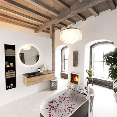 MONDIAZ BUKLA 120cm badmeubel met module 60 kleur Washed Oak met 2 lades. Wastafel CLOUD links 0 kraangaten kleur Urban.