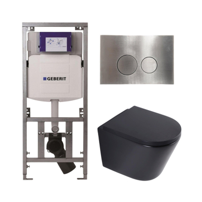QeramiQ Dely Toiletset - 36.3x51.7cm - diepspoel - rimless - Geberit UP320 inbouwreservoir - softclose toilet zitting 35 mm - steel bedieningsplaat - ronde knoppen - mat zwart