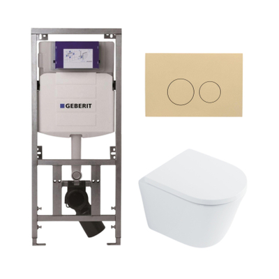 QeramiQ Dely Toiletset - 36.3x51.7cm - diepspoel - rimless - Geberit UP320 inbouwreservoir - softclose toilet zitting 35 mm - bedieningsplaat beige - ronde knoppen - wit glans