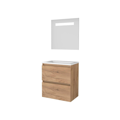 Basic-Line Economic 39 badkamermeubelset - 60x39cm - greeploos - 2 lades - acryl wastafel - 0 kraangaten - Spiegel - geintegreerde LED verlichting - MFC Whisky Oak