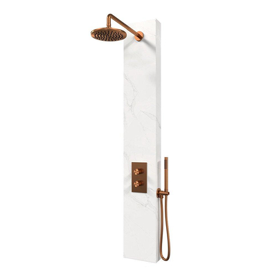 BRAUER Copper Edition thermostatisch douchepaneel - 2 functies - calacatta gold SET 01 - 20cm hoofddouche - gebogen muurarm - staaf handdouche - wandaansluitbocht - doucheslang - koper geborsteld PVD