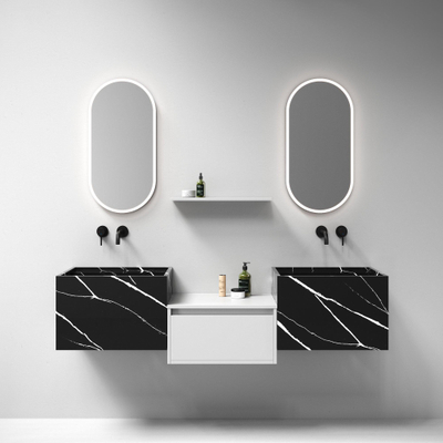 BRAUER Nova wastafel - 60x46x40cm - incl. verborgen ophangbeugels - 1 wasbak - 1 kraangat - composiet - marmerlook - Nero Marquina