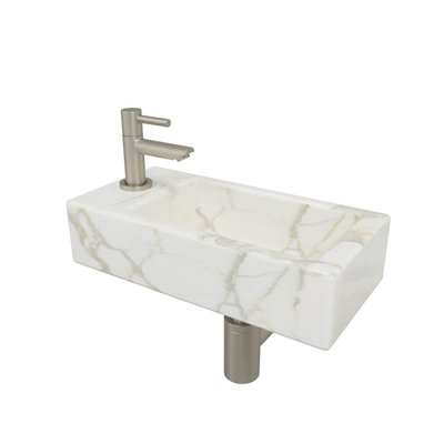 Wiesbaden Mini-Rhea links fonteinset 36x18x9cm Carrara marmerlook wit incl. Amador fonteinkraan geborsteld staal