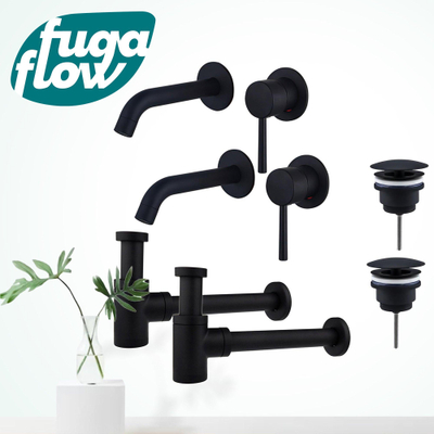 FugaFlow Eccelente Sobrado Badkamer Slim Wastafelkraanset - voor dubbele wastafel - inbouw wastafelkraan - always open plug - verlaagde design sifon - Mat zwart