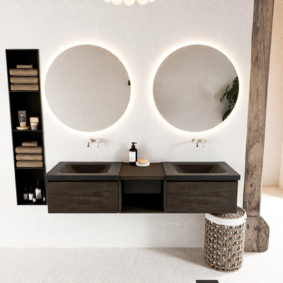 MONDIAZ BUKLA 160cm badmeubel met open module 40 kleur Dark Brown met 2 lades. Wastafel CLOUD dubbel 0 kraangaten kleur Urban.