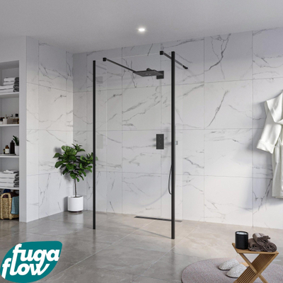 FugaFlow Eccelente Vetro Vrijstaande inloopdouche badkamer - 100x200cm - Helder - antikalk - 8mm veiligheidsglas - 2 zijwanden 40cm - met wandarmen en hoekprofielen - Zwart mat -