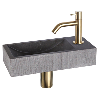 Differnz Ribble fonteinset - 38x18x8cm - Rechthoek - 1 kraangat - gebogen goud matte kraan - natuursteen zwart