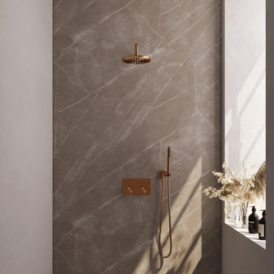 BRAUER Copper Carving Thermostatische Regendouche inbouw - drukknoppen - SET 51 - 20cm hoofddouche - gebogen muurarm - staaf handdouche - doucheslang - wandaansluitbocht - koper geborsteld PVD