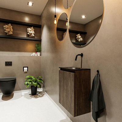 MONDIAZ TURE Fonteinset - 40x23x50cm - 0 kraangaten - 1 deur - dark brown mat - Wasbak rechts - Solid Surface Zwart