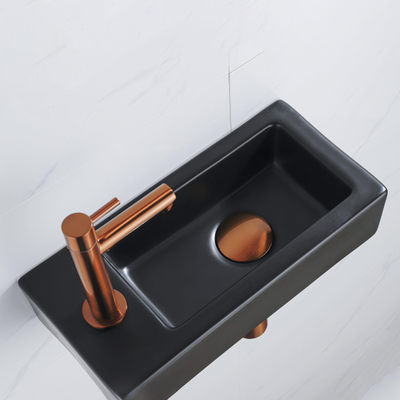 QeramiQ Fuente Fonteinset - 37.5x18.5x9cm - keramiek - kraangat links - fonteinkraan geborsteld koper - afvoerplug - verlaagd sifon - Mat Zwart