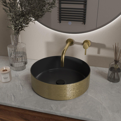 Wiesbaden Mondri waskom rond 36 x 36 x 12 cm mat zwart/geborsteld goud