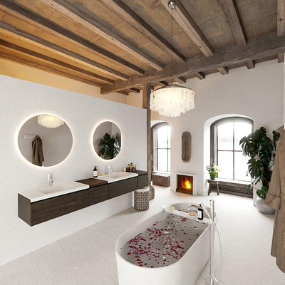 MONDIAZ BUKLA 240cm badmeubel met module 40 links kleur Dark Brown met 4 lades. Wastafel CLOUD dubbel 2 kraangaten kleur Talc.