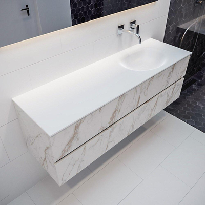 MONDIAZ VICA Badkamermeubelset - 150cm - 4 lades - wasbak Moon rechts - 0 kraangaten - solid surface carrara marmer