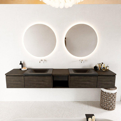 MONDIAZ BUKLA 240cm badmeubel met open module 40 midden kleur Dark Brown met 4 lades. Wastafel CLOUD dubbel 0 kraangaten kleur Urban.