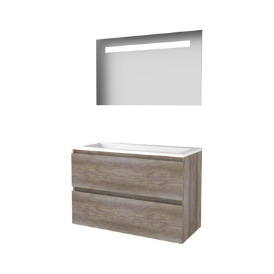 Basic-Line Economic 46 badkamermeubelset - 100x46cm - greeploos - 2 lades - acryl wastafel - 1 kraangat - Spiegel - geintegreerde LED verlichting - MFC Scotch Oak