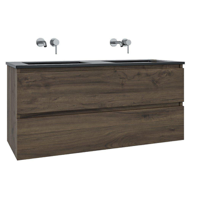 Adema Chaci Badkamermeubelset - 120x46x57cm - 2 keramische wasbakken zwart - zonder kraangaten - 2 lades - Spiegelkast - noten (hout)