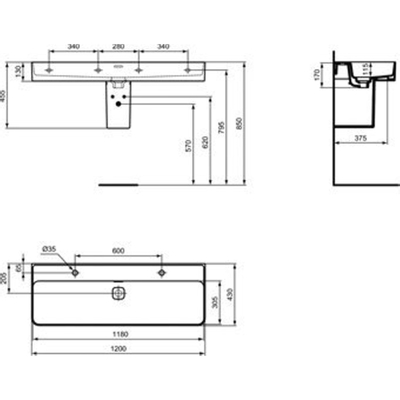 Ideal Standard Strada II wastafel 2 kraangaten met overloop 120x43cm wit