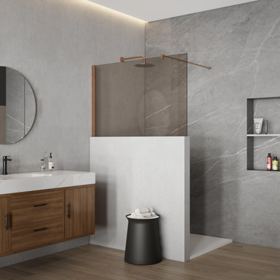 Fortifura Galeria Halfhoge Inloopdouche - 110x80cm - rookglas - 8mm - nano - met profiel en stabilisatiestang - Geborsteld koper PVD (Koper)