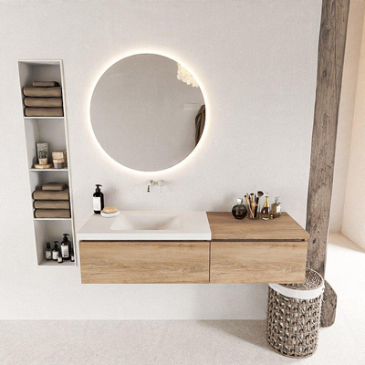 MONDIAZ BUKLA 140cm badmeubel met module 60 kleur Washed Oak met 2 lades. Wastafel CLOUD links 0 kraangaten kleur Talc.
