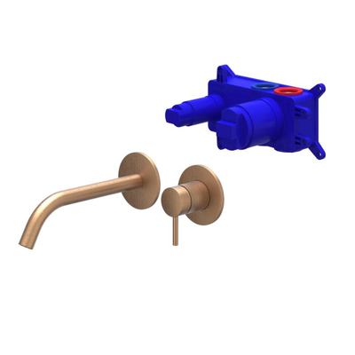 IVY Bond Wastafelmengkraan - 2-gats - inbouw - wandmontage - gebogen uitloop - coldstart - met inbouwdeel - Geborsteld mat koper PVD