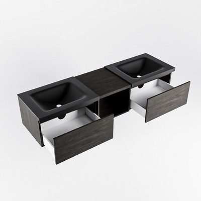 MONDIAZ BUKLA 160cm badmeubel met open module 40 kleur Dark Brown met 2 lades. Wastafel CLOUD dubbel 2 kraangaten kleur Urban.