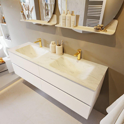 MONDIAZ VICA-DLUX Badkamermeubelset - 150cm - onderkast talc - 4 lades - inbouw wastafel cloud dubbel - 2 kraangaten - 60cm hoge versie - opalo