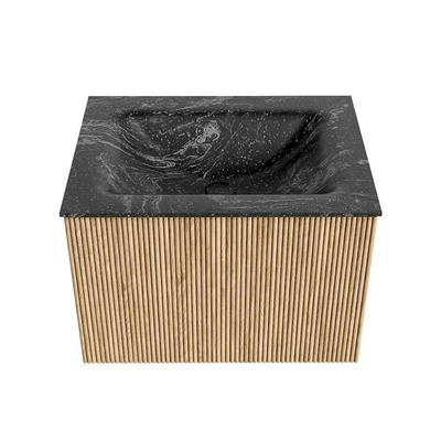 MONDIAZ KURVE-DLUX 60cm badmeubel kleur Oak met 1 lade. Wastafel CLOUD midden zonder kraangat kleur Lava.