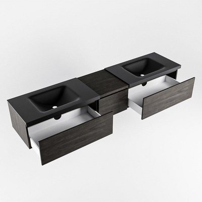 MONDIAZ BUKLA 200cm badmeubel met module 40 kleur Dark Brown met 3 lades. Wastafel CLOUD dubbel 0 kraangaten kleur Urban.