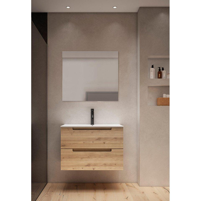 Adema Prime Balance Badkamermeubelset - 80x55x45cm - 1 rechthoekige keramische wasbak wit - 1 kraangat - 2 lades - rechthoekige spiegel - rustiek eiken