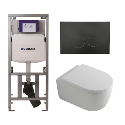 QeramiQ Dely Swirl Toiletset - 36.3x51.7cm - Geberit UP320 Burda inbouwreservoir - 35mm zitting - mat zwarte metalen bedieningsplaat - ronde knoppen - wit glans