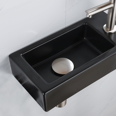 QeramiQ Fuente Fonteinset - 37.5x18.5x9cm - keramiek - kraangat rechts - fonteinkraan geborsteld RVS - afvoerplug - verlaagd sifon - Mat Zwart