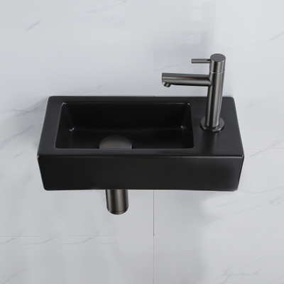 QeramiQ Fuente Fonteinset - 37.5x18.5x9cm - keramiek - kraangat rechts - fonteinkraan gunmetal - afvoerplug - verlaagd sifon - Mat Zwart