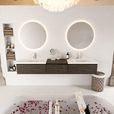 MONDIAZ BUKLA 220cm badmeubel met module 60 kleur Dark Brown met 3 lades. Wastafel CLOUD dubbel 2 kraangaten kleur Talc.