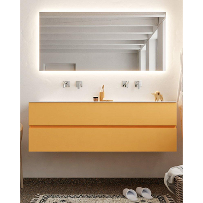 MONDIAZ VICA Badkamermeubelset - 150cm - 2 lades - wasbak Cloud dubbel - 0 kraangaten - solid surface ocher