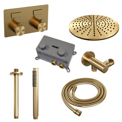 BRAUER Gold Edition Thermostatische Regendouche inbouw - drukknoppen - SET 54 - 30cm hoofddouche - plafondarm - staaf handdouche - doucheslang - wandaansluitbocht - goud geborsteld PVD
