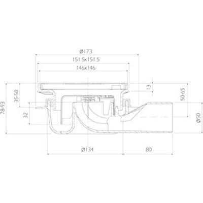 Aquaberg ABS kunststof put bezand met RVS rooster zijuitloop 50mm laag model 146x146mm met reukslot 32mm