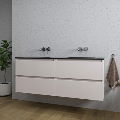 Adema Chaci Badkameronderkast - 140cm - 4 lades - greeploos - zwart keramieke wastafel - overloop - 2 wasbakken - zonder kraangaten - mat cotton (beige)