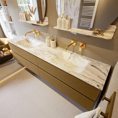 MONDIAZ VICA-DLUX Badkamermeubelset - 200cm - onderkast oro - 4 lades - inbouw wastafel cloud dubbel - zonder kraangaten - 60cm hoge versie - glace