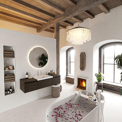 MONDIAZ BUKLA 140cm badmeubel met module 40 kleur Dark Brown met 3 lades. Wastafel CLOUD midden 1 kraangat kleur Talc.