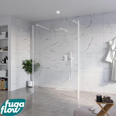 FugaFlow Eccelente Vetro Vrijstaande inloopdouche badkamer - 140x200cm - Helder - antikalk - 8mm veiligheidsglas - 2 zijwanden 40cm - met wandarmen en hoekprofielen - Wit mat -