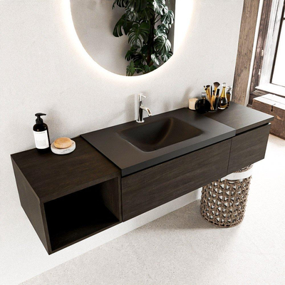 MONDIAZ BUKLA 160cm badmeubel met open module 40 links kleur Dark Brown met 2 lades. Wastafel CLOUD midden 1 kraangat kleur Urban.