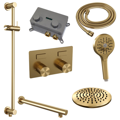 BRAUER Gold Carving Thermostatische Regendouche inbouw - drukknoppen - SET 67 - 20cm hoofddouche - rechte muurarm - 3 standen handdouche - doucheslang - geïntegreerde glijstang - goud geborsteld PVD
